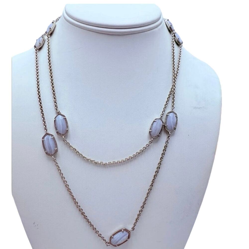 Kendra Scott Kellie Long Station Blue Lace Agate Stones‎ Silver Plate Necklace
